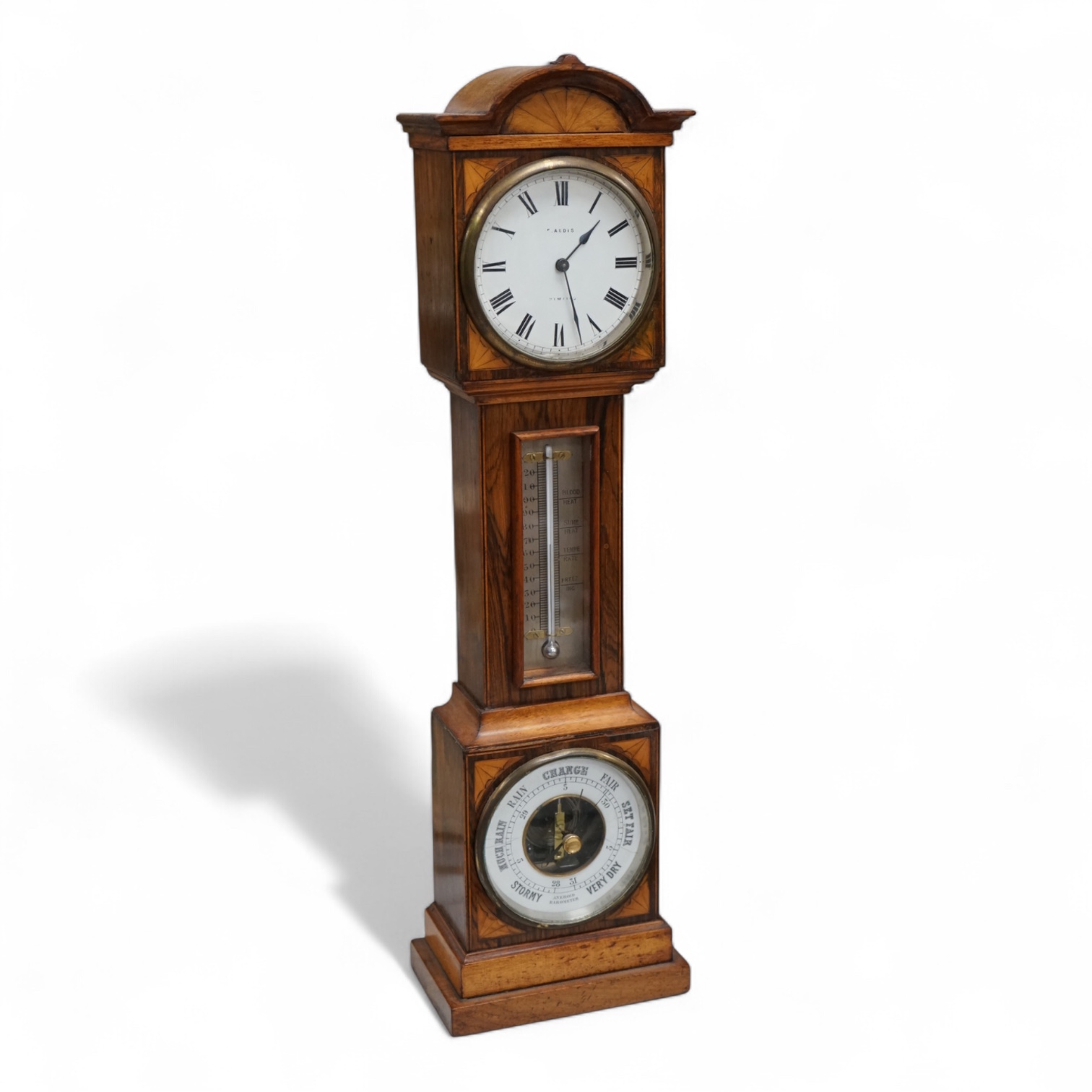 A miniature inlaid rosewood longcase clock with French movement and integral aneroid barometer and thermometer, the dial inscribed Aldis, Pimlico, 47cm high